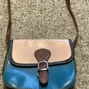 Multi Tone Leather Vera Pella Crossbody Bag in Teal, Tan & Brown, made in Italy